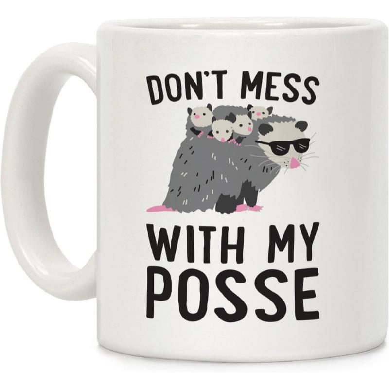 Tailorly White Ceramic 11 oz Mug - Don't Mess With My Posse Cartoon Opossum Family Wearing Sunglasses Walking Across A Plain White Background Opossum