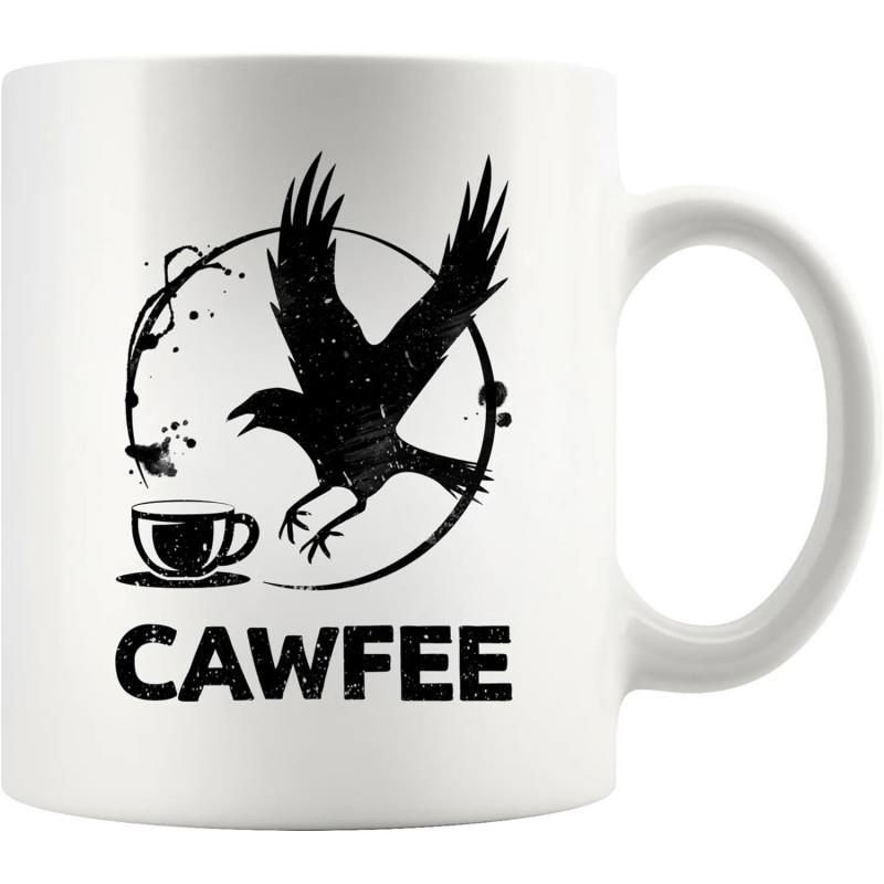 Tailorly White Ceramic 11 oz Mug - Cawfee Distressed Black Silhouette Of A Flying Raven Over Morning Steaming Cup Crow