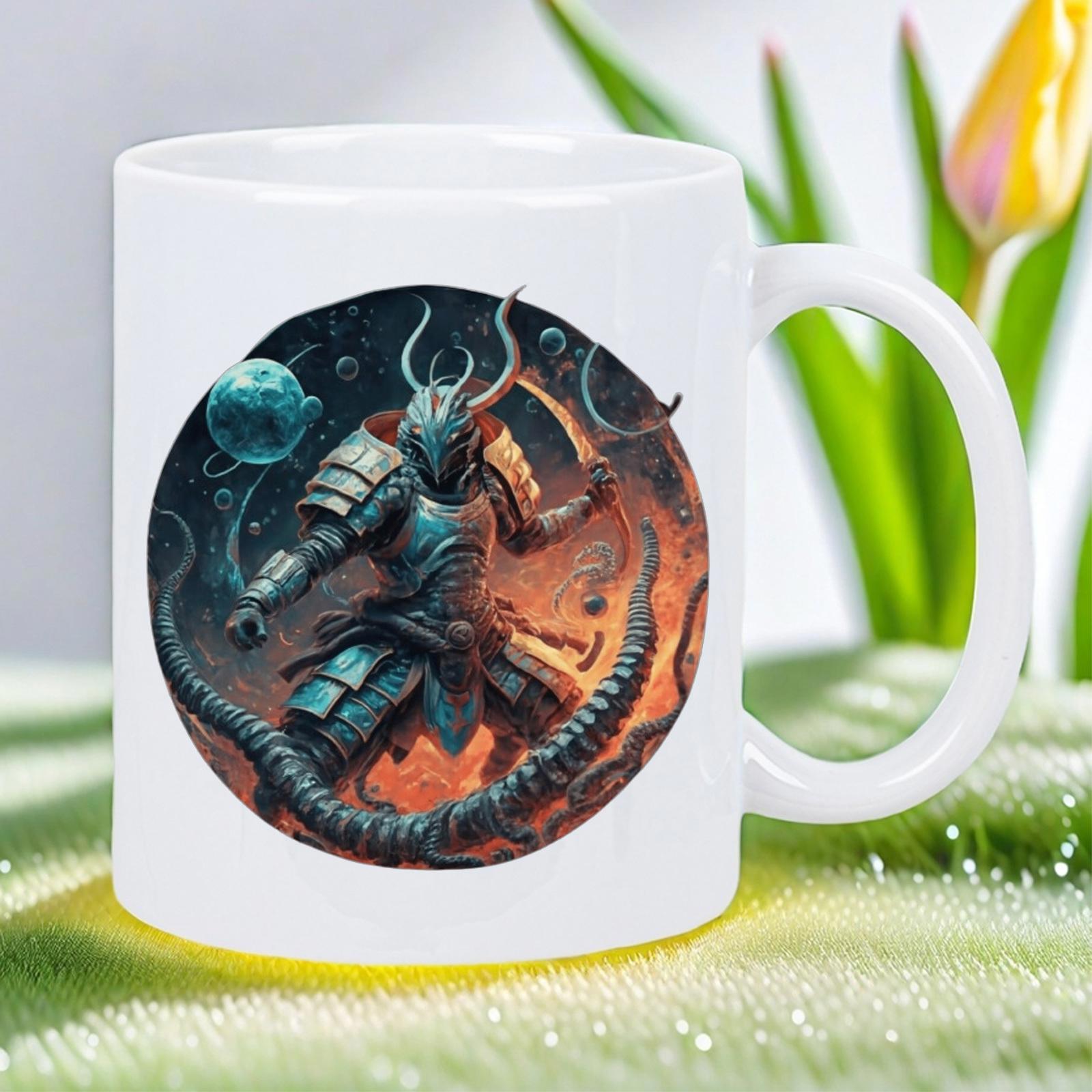 Tailorly White Ceramic 11 oz Mug - Cybernetic Armored Warrior With Curved Horns Standing Amidst Glowing Fiery Embers Samurai