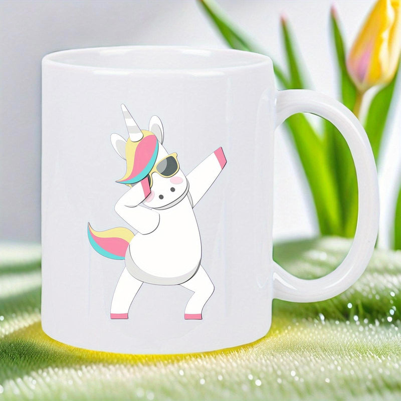 Tailorly White Ceramic 11 oz Mug - Whimsical Cartoon Animal Performing A Trendy Dance Move Under Bright Soft Lights Unicorn