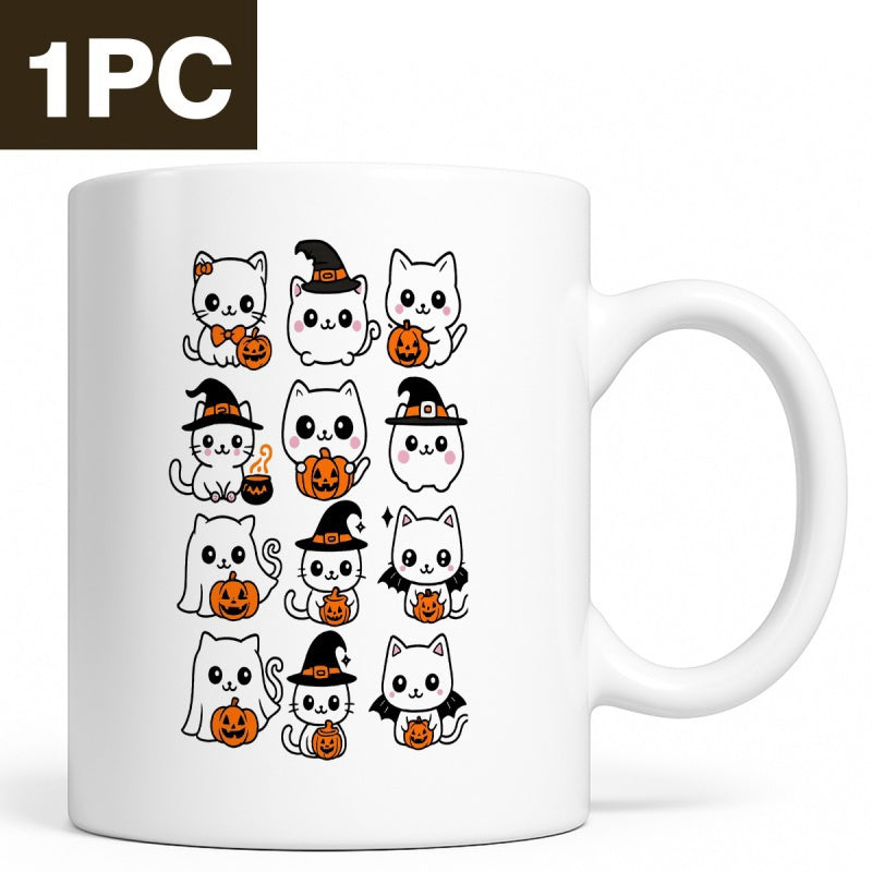 Tailorly White Ceramic 11 oz Mug - Adorable White Kittens Wearing Festive Halloween Costumes With Pumpkins And Hats Cat
