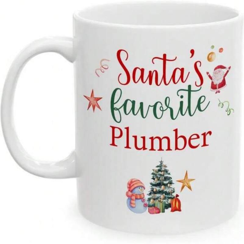 Tailorly White Ceramic 11 oz Mug - Santas Favorite Plumber Festive Christmas Tree With A Snowman And Santa Under Twinkling Stars Mug
