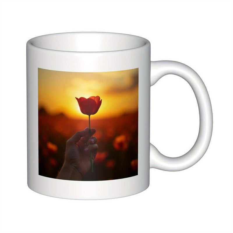 Tailorly White Ceramic 11 oz Mug - Serene Sunset Background With A Hand Holding A Single Vibrant Flower