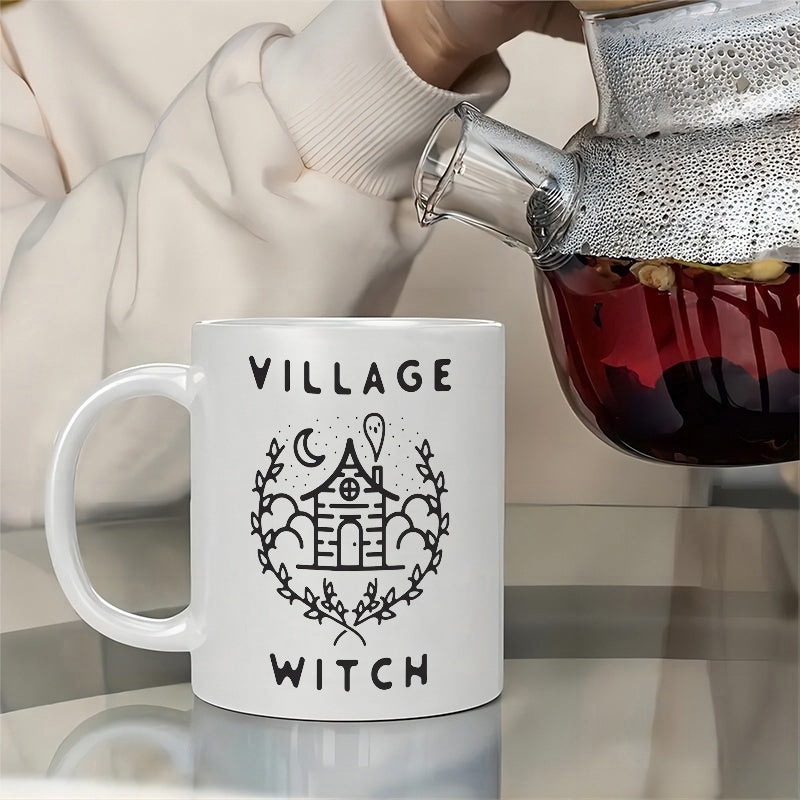 Tailorly White Ceramic 11 oz Mug - Village Witch Mystical Small Cottage Within A Wreath Of Leaves Under Stars House