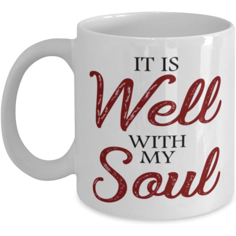 Tailorly White Ceramic 11 oz Mug - It Is Well With My Soul Elegant Decorative Script Typography In Rich Maroon And Black Quote