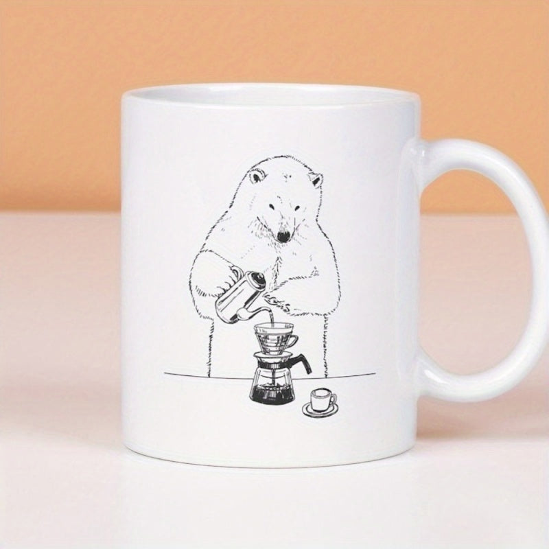 Tailorly White Ceramic 11 oz Mug - Minimalist Line Drawing Of A Polar Bear Carefully Pouring Hand Drip Coffee Polar Bear
