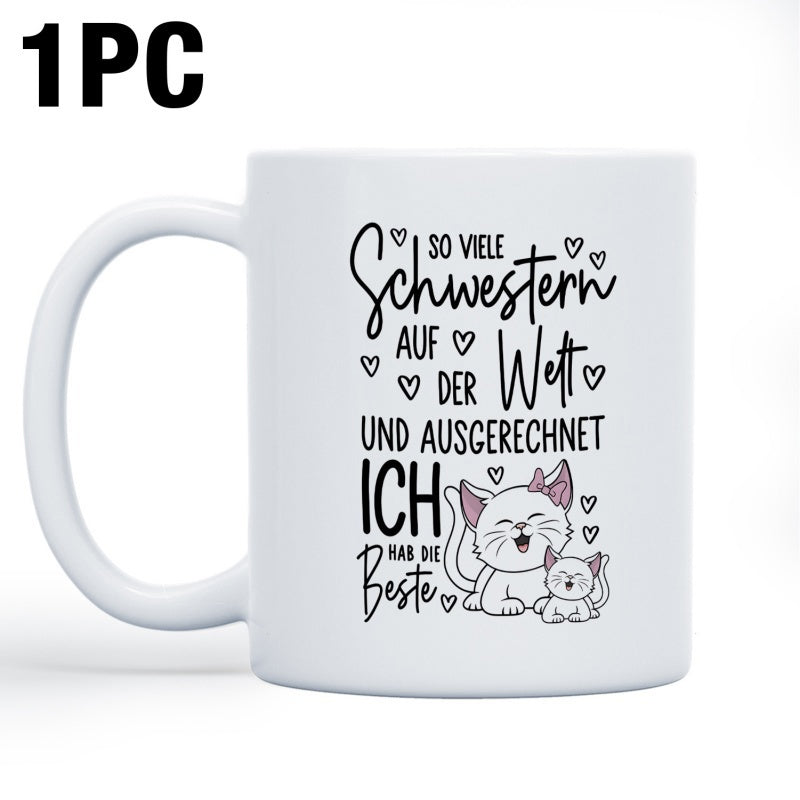Tailorly White Ceramic 11 oz Mug - Adorable Smiling Feline Pair Surrounded By Small Decorative Floating Hearts Cat