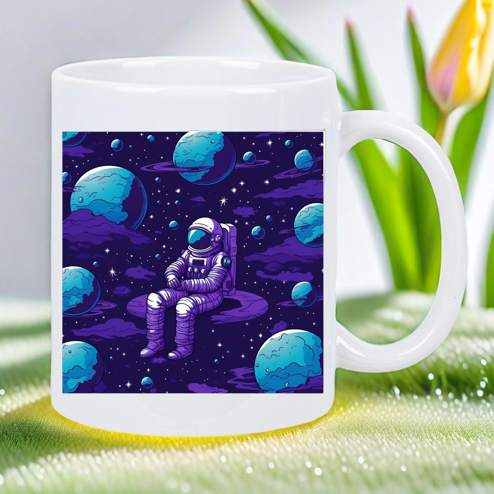 Tailorly White Ceramic 11 oz Mug - Peaceful Voyager Floating Within A Vast Purple Cosmic Scene Among Planets Astronaut