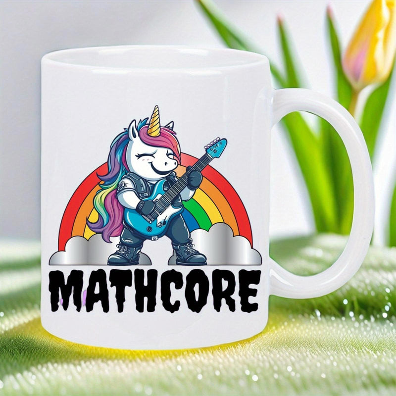 Tailorly White Ceramic 11 oz Mug - Mathcore Rocking Electric Guitar Standing Before Vibrant Rainbow And Fluffy Silver Clouds Unicorn