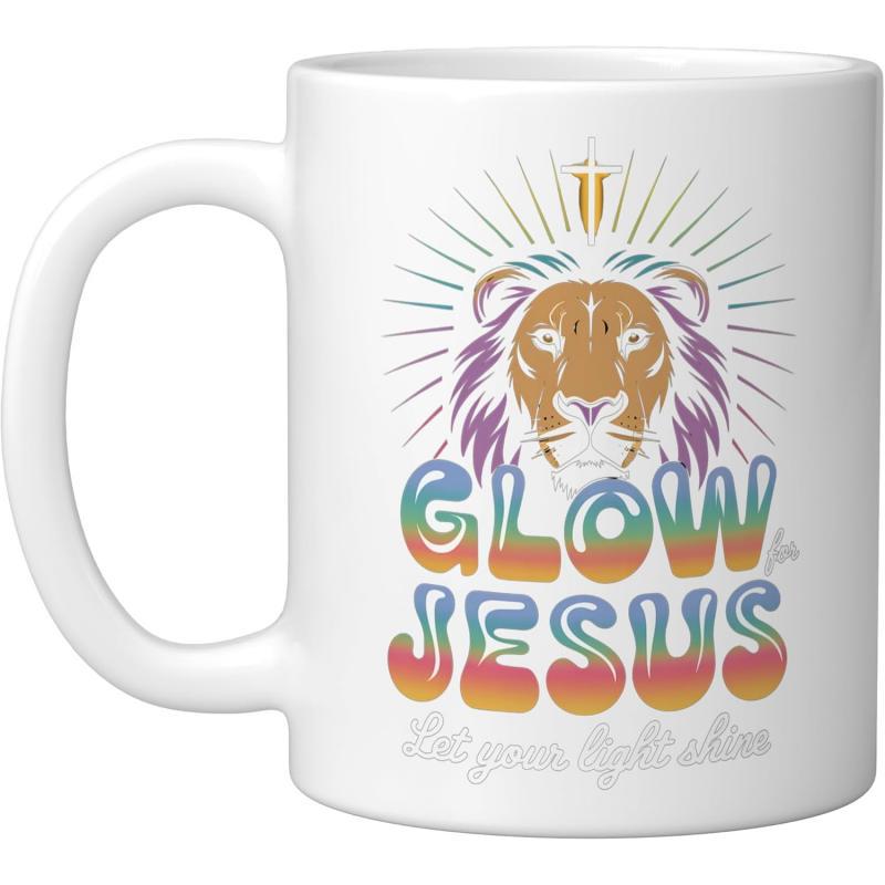 Tailorly White Ceramic 11 oz Mug - Glow For Jesus Let Your Light Shine Radiant Light Rays Surrounding Majestic Colorful Rainbow Mane Lion
