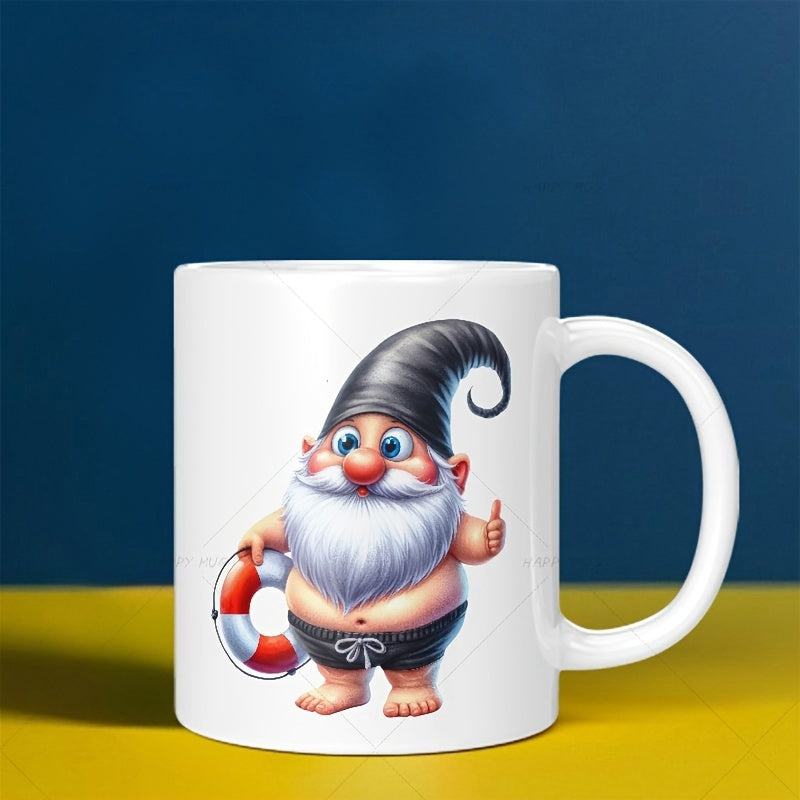Tailorly White Ceramic 11 oz Mug - Charming Garden Gnome In Swim Trunks Holding Lifebuoy Giving Thumbs Up Gnome