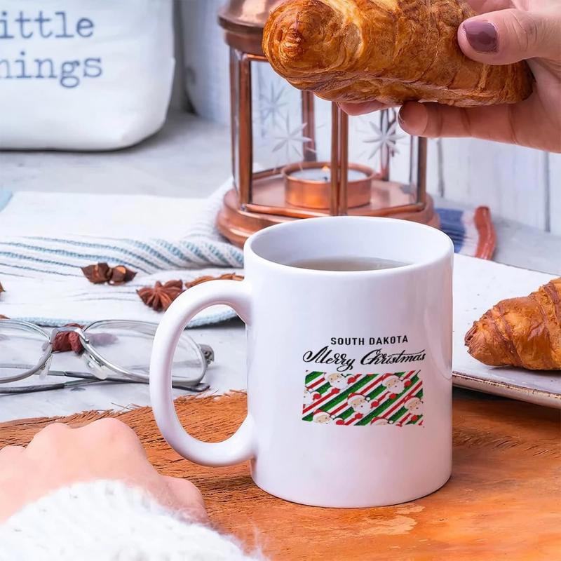 Tailorly White Ceramic 11 oz Mug - South Dakota Merry Christmas Festive Striped Pattern Within State Boundary Featuring Holiday Spirit Map