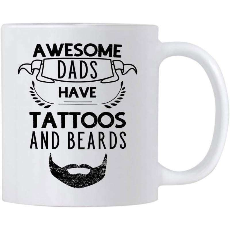 Tailorly White Ceramic 11 oz Mug - Awesome Dads Have Tattoos And Beards Minimalist Black Ink Silhouette Design Featuring A Textured Masculine Facial Hair Beard