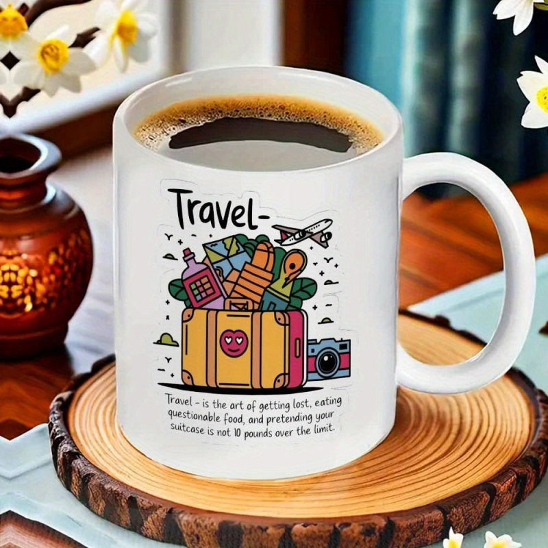Tailorly White Ceramic 11 oz Mug - Travel Colorful Cartoon Luggage Surrounded By Travel Gear And Flying Airplane Suitcase