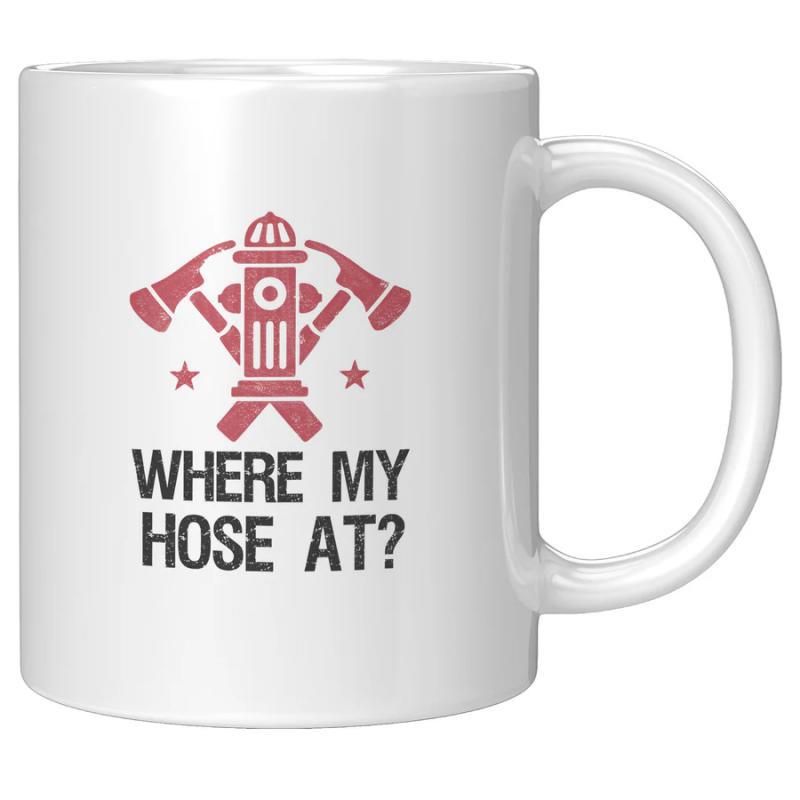 Tailorly White Ceramic 11 oz Mug - Where My Hose At Vintage Red Fire Hydrant With Crossed Axes And Small Decorative Stars Hydrant