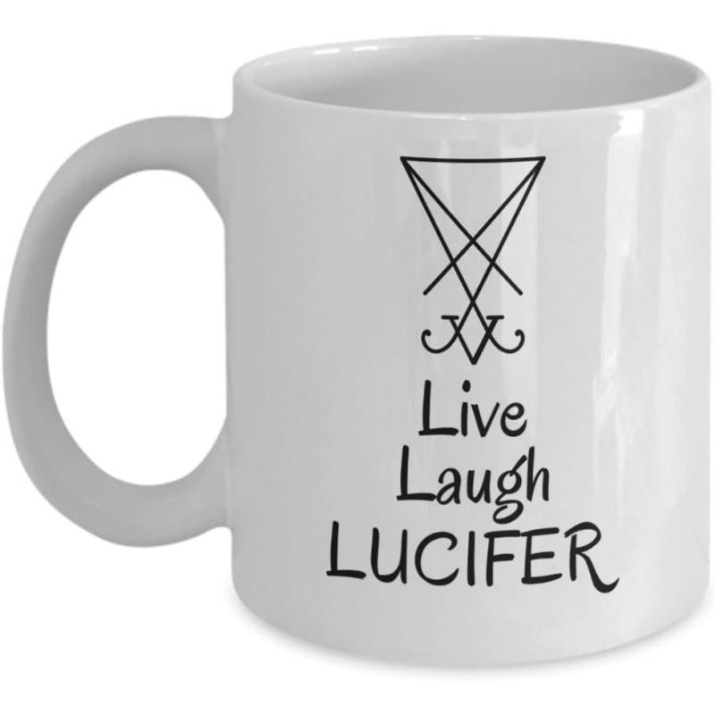 Tailorly White Ceramic 11 oz Mug - Live Laugh Lucifer Minimalist Black Line Occult Sigil With Elegant Geometric Symmetrical Elements Sigil