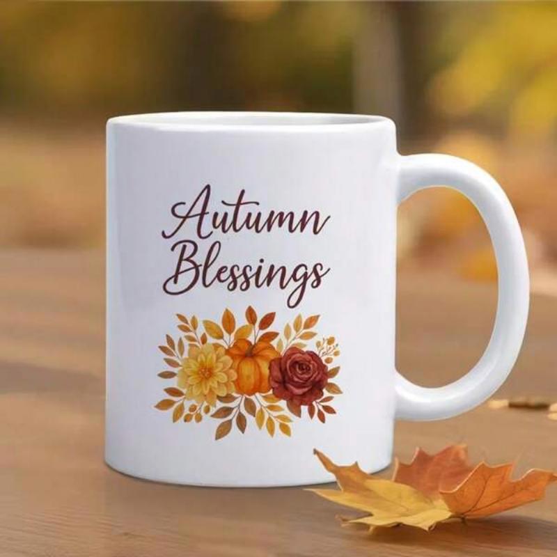 Tailorly White Ceramic 11 oz Mug - Autumn Blessings Elegant Seasonal Flowers Among Golden Foliage And Rustic Pumpkin