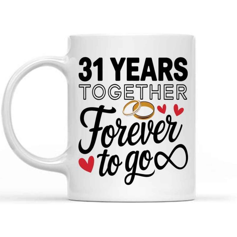 Tailorly White Ceramic 11 oz Mug - 31 Years Together Forever To Go Elegant Gold Rings With Red Hearts And Black Infinity Symbol Mug