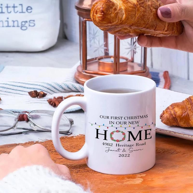 Tailorly White Ceramic 11 oz Mug - Our First Christmas In Our New Home Festive String Lights Decorating A Minimalist Wreath On Simple Ceramic