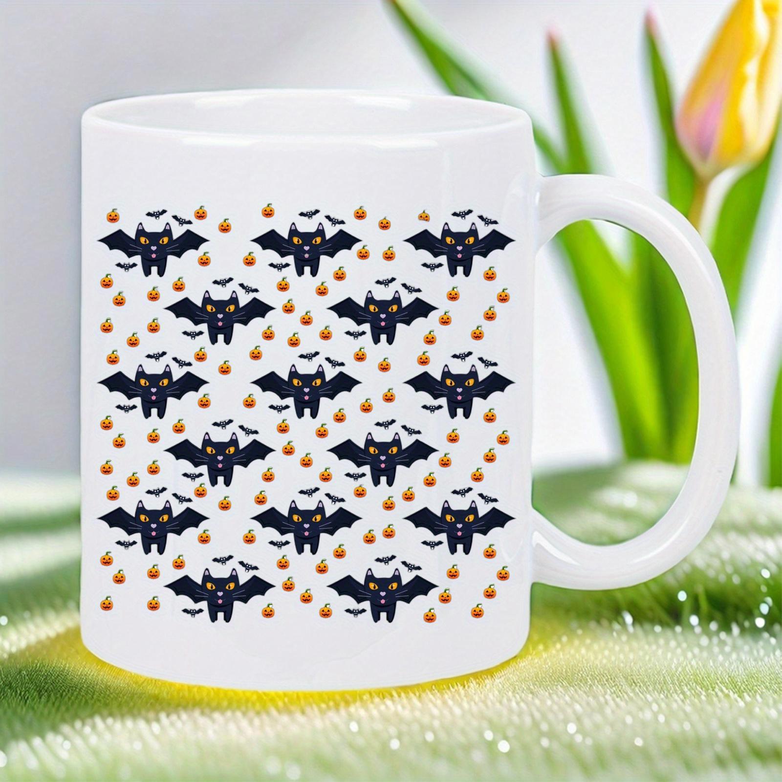 Tailorly White Ceramic 11 oz Mug - Stylized Cartoon Black Bat Pattern Flying Among Small Orange Festive Pumpkin Bat