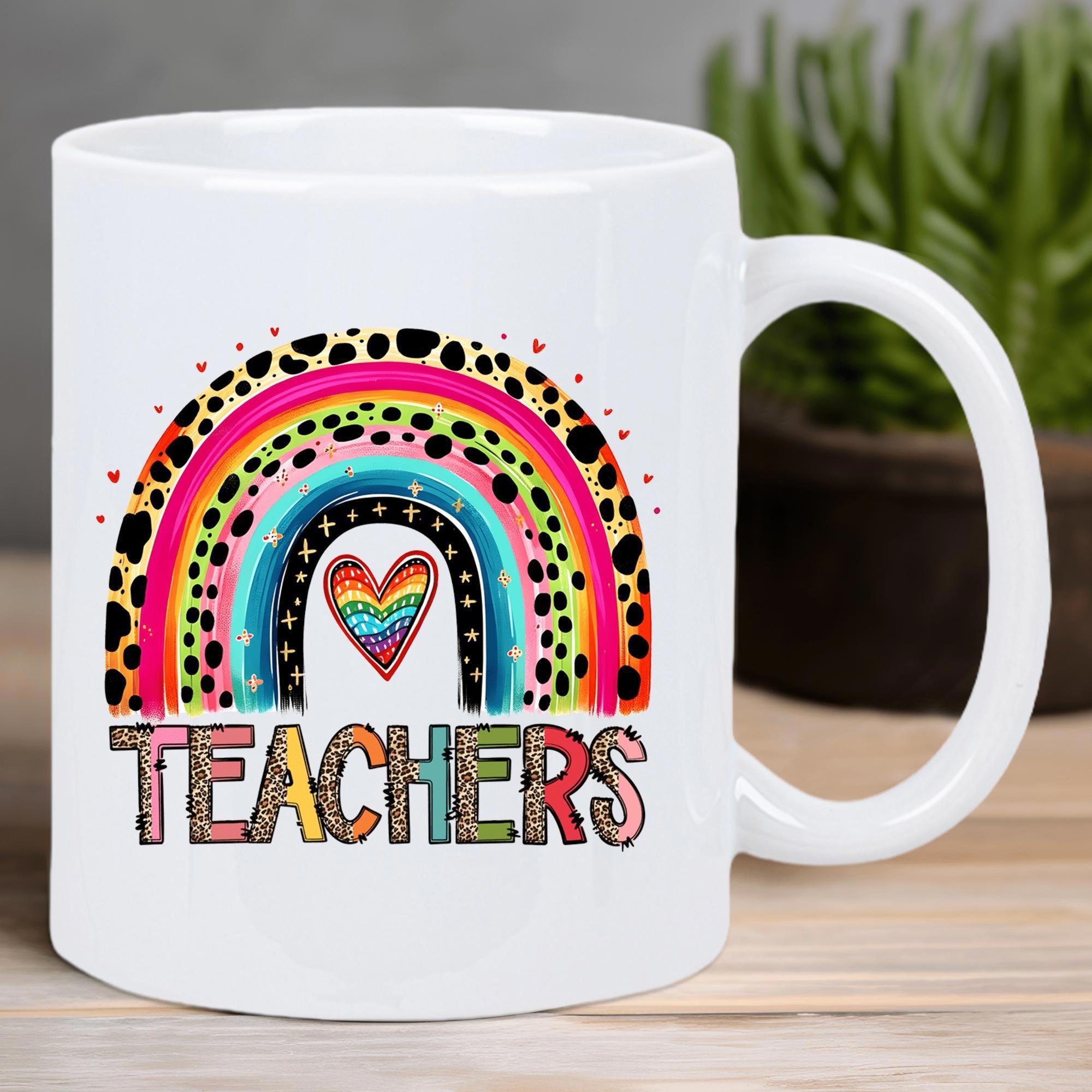 Tailorly White Ceramic 11 oz Mug - Teachers Leopard Patterns Colorful Rainbow Arched Over A Tiny Heart Mug