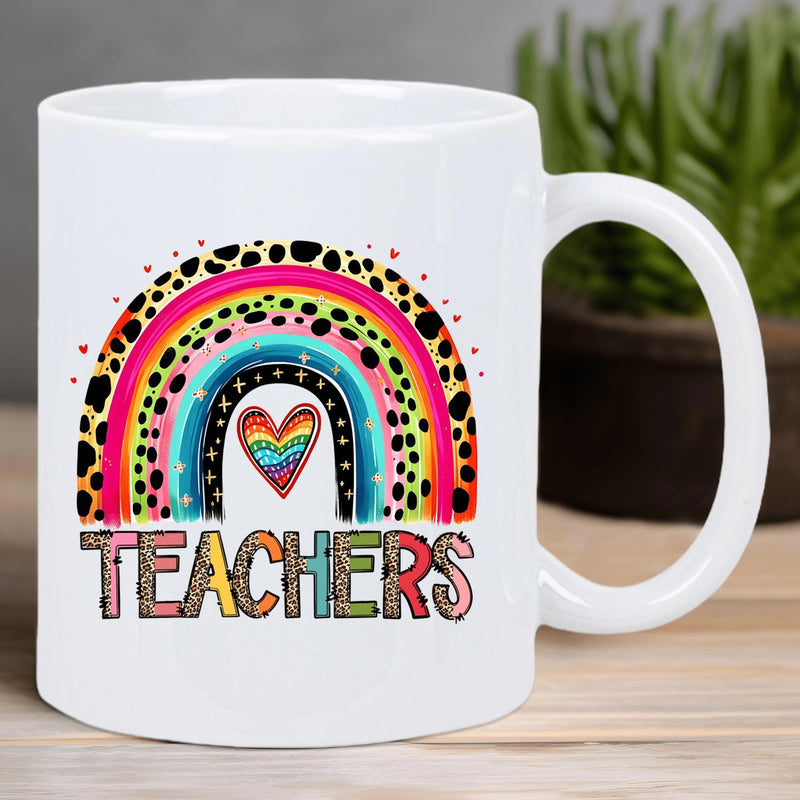 Tailorly White Ceramic 11 oz Mug - Teachers Leopard Patterns Colorful Rainbow Arched Over A Tiny Heart Mug