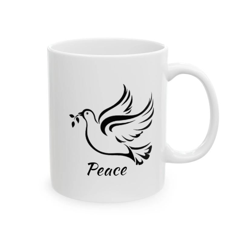 Tailorly White Ceramic 11 oz Mug - Peace Graceful Flying Silhouette Carrying An Olive Branch Symbolic Of Hope Dove