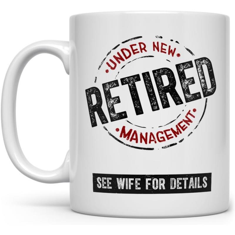 Tailorly White Ceramic 11 oz Mug - Retired Under New Management See Wife For Details Distressed Circular Stamp Design With Bold Typography And Red Decorative