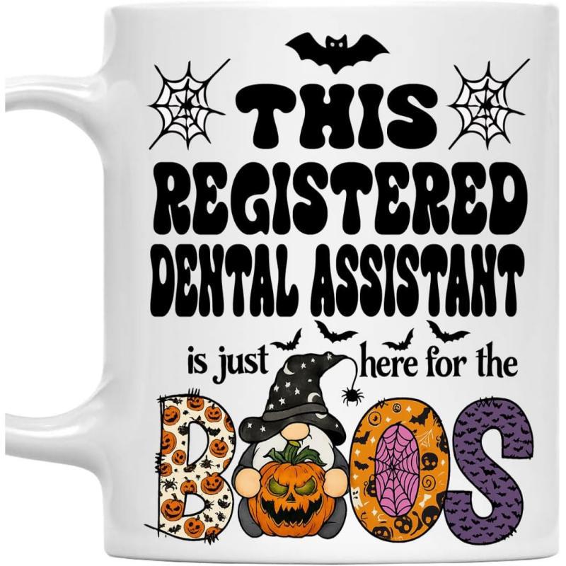 Tailorly White Ceramic 11 oz Mug - This Registered Dental Assistant Is Just Here For The Boos Spooky Halloween Gnome Holding Carved Pumpkin Among Bats And Spider