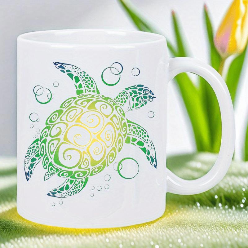 Tailorly White Ceramic 11 oz Mug - Artistic Green Gradient Swirl Patterns On A Peaceful Swimming Sea Turtle