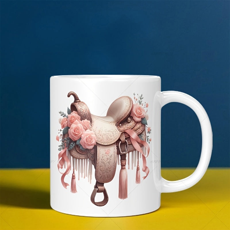 Tailorly White Ceramic 11 oz Mug - Elegant Pink Roses Adorning A Vintage Western Leather Equestrian Saddle