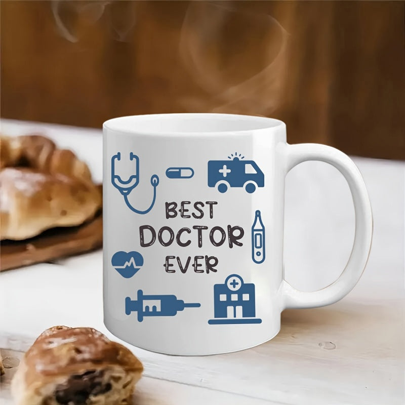 Tailorly White Ceramic 11 oz Mug - Best Doctor Ever Various Medical Symbols Including Stethoscope And Ambulance Around Center Text Mug