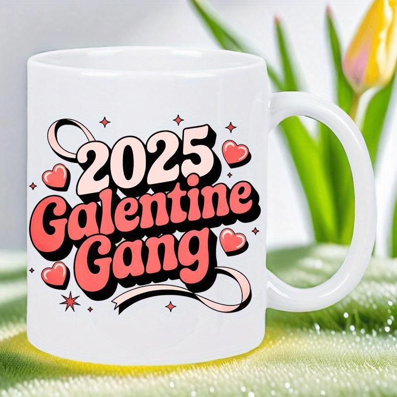 Tailorly White Ceramic 11 oz Mug - 2025 Galentine Gang Retro Bubbly Typography Surrounded By Sweet Pink Love Hearts And Sparkles Heart