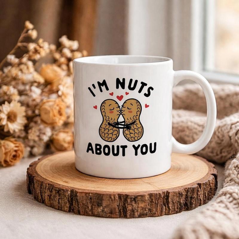 Tailorly White Ceramic 11 oz Mug - Im Nuts About You Two Cartoon Peanuts Hugging With Small Floating Red Hearts Peanut