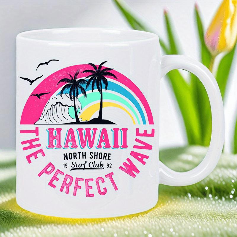 Tailorly White Ceramic 11 oz Mug - Hawaii North Shore Surf Club The Perfect Wave Tropical Rainbow With Palm Trees Under Flying Birds Among Ocean Wave