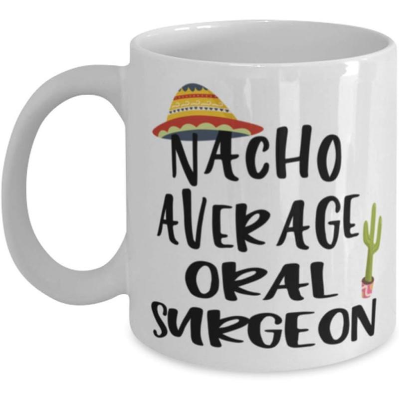 Tailorly White Ceramic 11 oz Mug - Nacho Average Oral Surgeon Traditional Striped Sombrero Hat Floating Near Small Potted Green Desert Sombrero