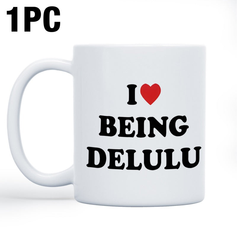 Tailorly White Ceramic 11 oz Mug - I Being Delulu Minimalist White Background Featuring Bold Typography And Small Vibrant Red Heart Mug