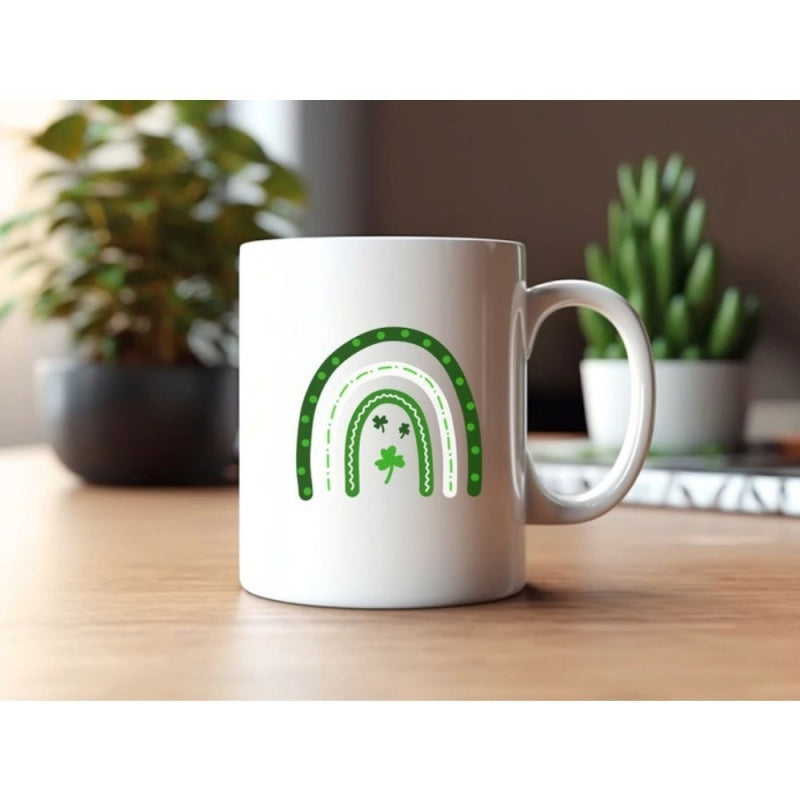 Tailorly White Ceramic 11 oz Mug - Shades Of Green Boho Style Rainbow Arched Over A Lucky Clover Shamrock