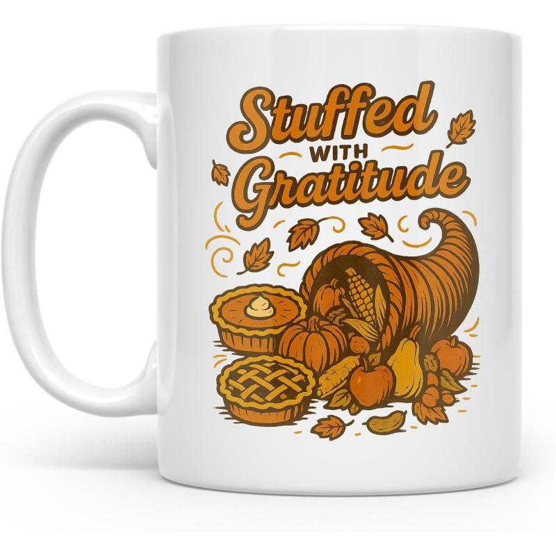 Tailorly White Ceramic 11 oz Mug - Stuffed With Gratitude Autumnal Harvest Display With Pumpkins And Sweet Pies Among Leaves Cornucopia