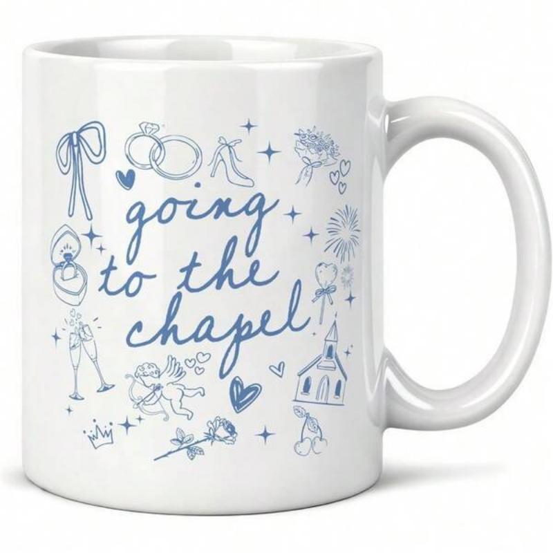 Tailorly White Ceramic 11 oz Mug - Going To The Chapel Whimsical Hand Drawn Wedding Icons With Rings Hearts And Mug