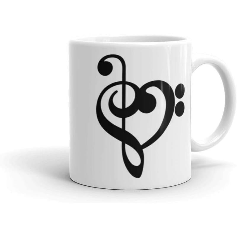Tailorly White Ceramic 11 oz Mug - Elegant Black Musical Treble And Bass Symbols Creating A Heart Shape Clef