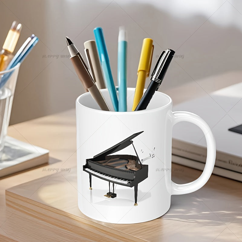 Tailorly White Ceramic 11 oz Mug - Elegant Black Classical Instrument With Floating Notes And Melodic Atmosphere Grand Piano