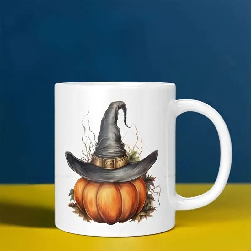 Tailorly White Ceramic 11 oz Mug - Spooky Autumn Harvest Wearing A Pointed Dark Grey Witches Hat Pumpkin