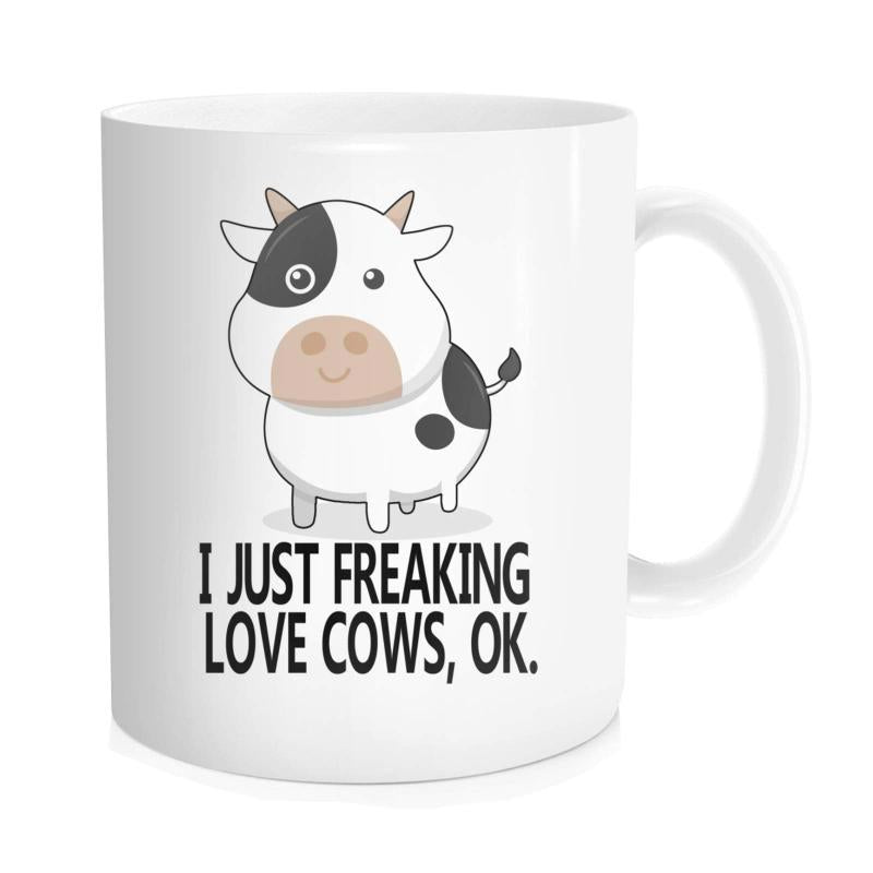 Tailorly White Ceramic 11 oz Mug - I Just Freaking Love Cows Ok Adorable Chubby Cartoon Spotted Black And White Farm Animal With Horns Cow