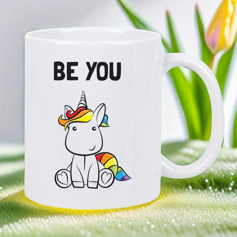 Tailorly White Ceramic 11 oz Mug - Be You Cute Cartoon Mythical Creature Sitting With Colorful Rainbow Hair Tail Unicorn
