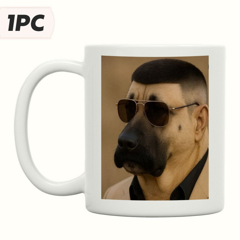 Tailorly White Ceramic 11 oz Mug - Funny Dog In Tan Suit Wearing Aviator Sunglasses Cool Dog
