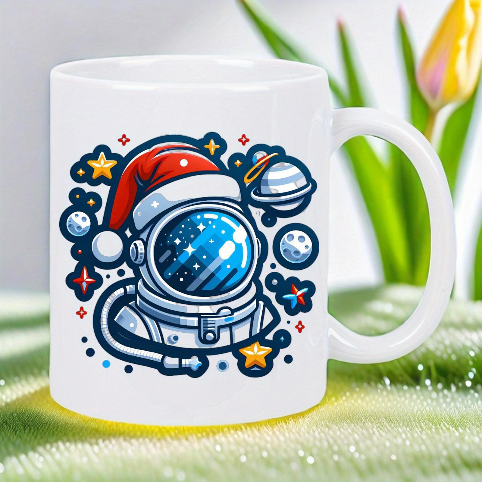 Tailorly White Ceramic 11 oz Mug - Cute Space Traveler Wearing A Red Santa Hat Among Twinkling Planets Astronaut