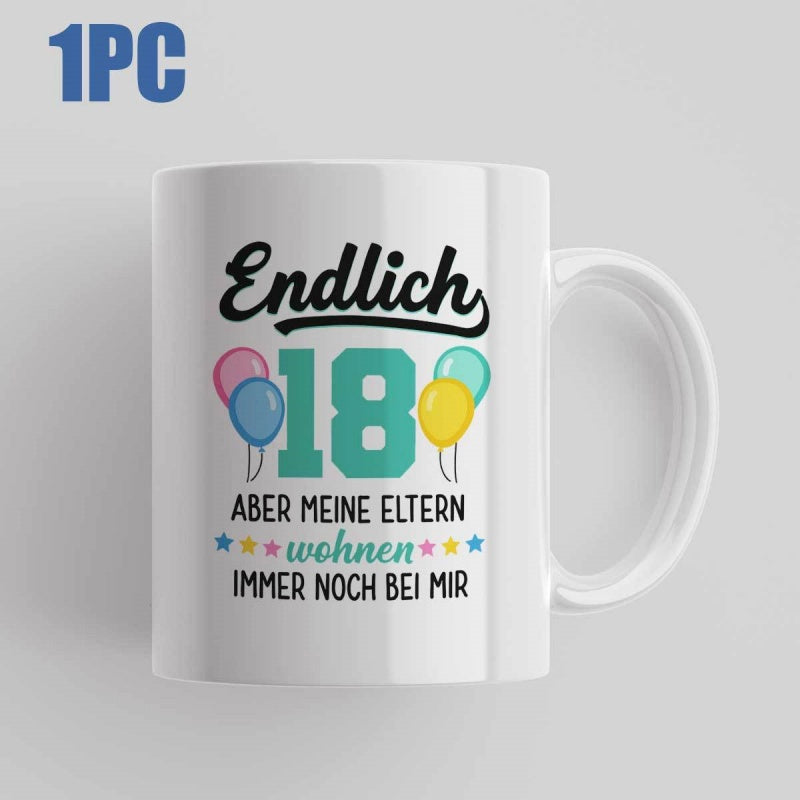 Tailorly White Ceramic 11 oz Mug - Colorful Festive Balloons Surrounding A Large Number Eighteen With Stars Mug