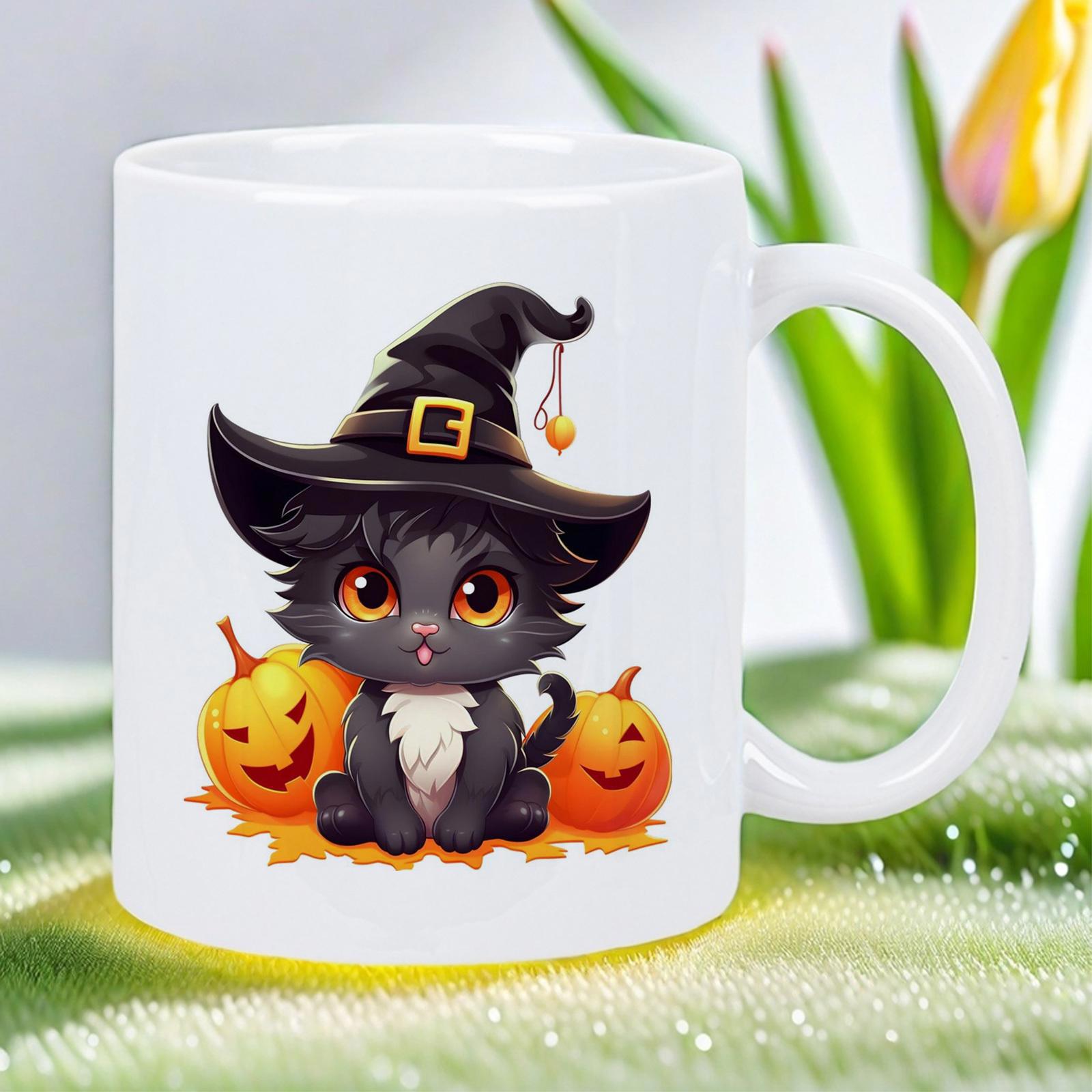 Tailorly White Ceramic 11 oz Mug - Adorable Black Witch Cat Sitting Between Glowing Halloween Pumpkins Under Spooky Autumn Vibes Cat