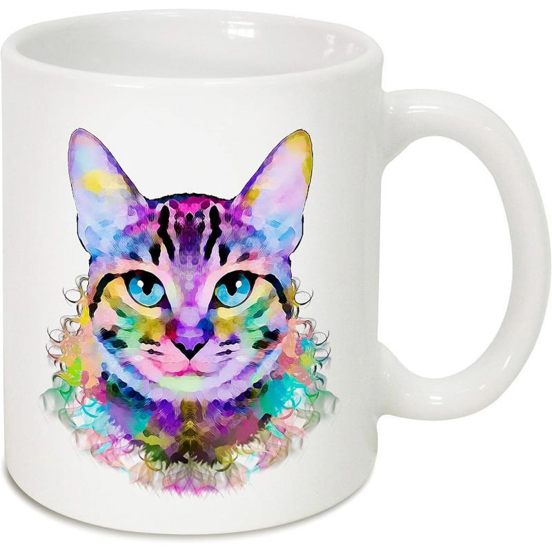 Tailorly White Ceramic 11 oz Mug - Colorful Watercolor Portrait With Vibrant Geometric Patterns And Bright Eyes Cat